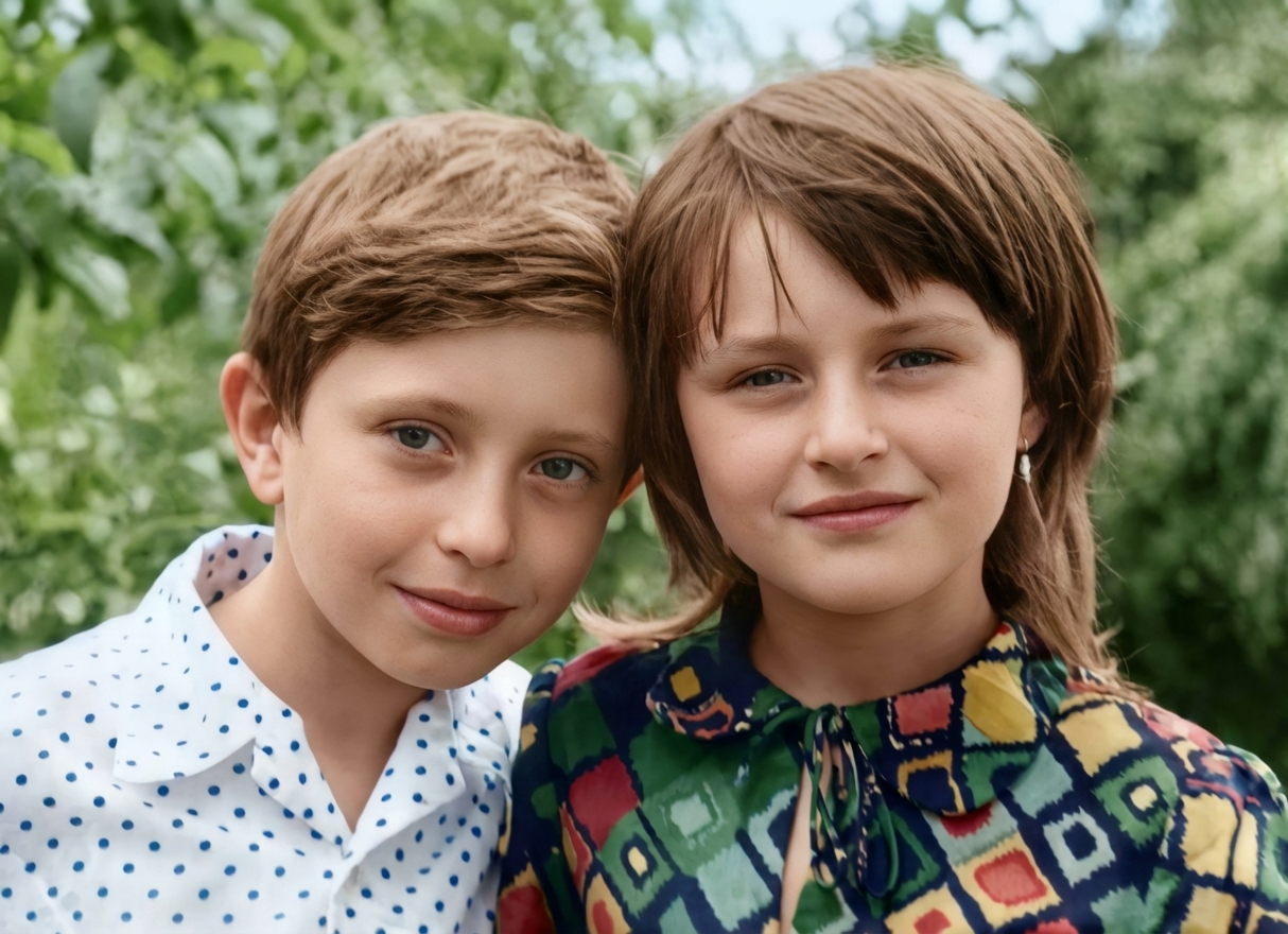 Two children with beautifully restored faces displayed in the Restora app